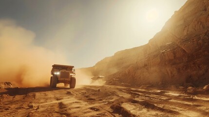 Aufkleber - Two large trucks traverse a dusty path in a quarry as sunlight casts golden hues over the rocky landscape, emphasizing the vastness and ruggedness of the environment.