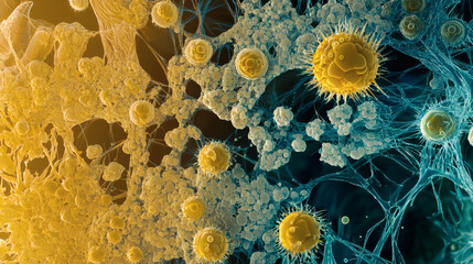 Group of yellow and blue bacteria under a microscope on a dark background