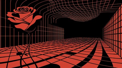 Wall Mural - abstract red rose design in a digital space with grids