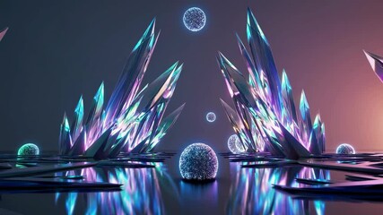 Leinwandbilder - Exploring a mesmerizing crystal landscape filled with vibrant colors and glowing spheres