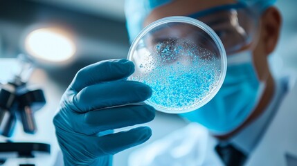 Poster - In a modern laboratory, a scientist wearing gloves and protective gear carefully holds a petri dish containing a vibrant blue substance, focusing intently on the specimen