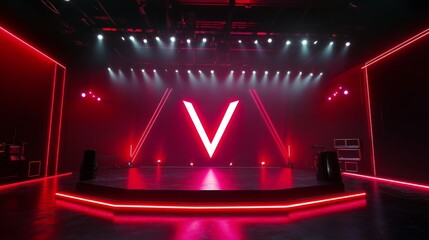 Poster - A high-tech stage featuring a glowing red and white V logo, dramatic spotlights, and minimalistic design