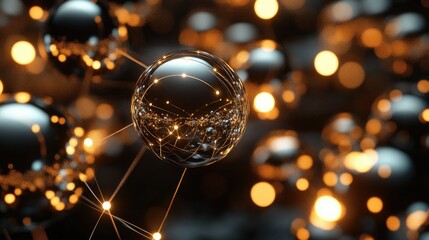 Poster - Abstract glowing spheres with connected lines and warm light effects