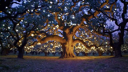 Poster - Magical evening in an illuminated orchard with glowing trees and serene atmosphere
