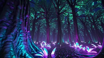 Poster - Mystical forest illuminated by vibrant lights at night reveals enchanting flora and deep shadows