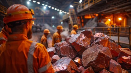 Poster - Miners dressed in safety gear gather around large iron ore piles inside an underground mining facility, focused on their task in low light conditions.