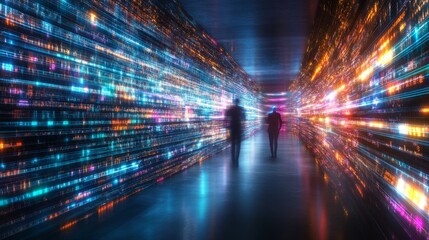 Poster - Vivid abstract digital corridor with glowing lights and silhouettes in futuristic technology setting