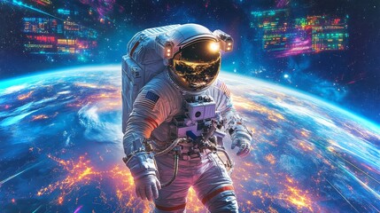 Poster - Astronaut exploring space with a stunning view of Earth and vibrant digital screens