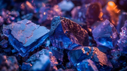 Poster - Deep within a cavern, blue crystals of various shapes and sizes shimmer under light. The scene evokes a sense of wonder and exploration in a natural underground setting.