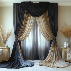 Wall Mural - Luxury Drapery with Cascading Swags: Elevate your interior design with these exquisite drapes featuring a rich, velvety charcoal fabric adorned with elegant cascading swags.