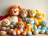 A collection of various fluffy teddy bears sitting together in a cozy corner, each with a unique expression and color, friendship, childhood, imagination