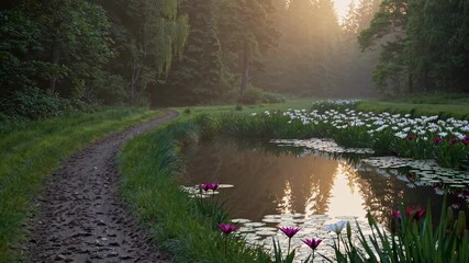 Poster - Serenity in nature with blooming flowers and reflections at dawn in a tranquil forest