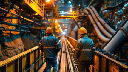 Aufkleber - Two workers in safety gear stand quietly as they watch metal tracks in an industrial environment, lit by various lights, creating a striking contrast with the dark surroundings.