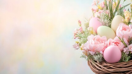 Wall Mural - Basket of Easter Eggs and Pink Flowers Spring Time Still Life Festive Decoration Display.