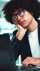 Poster - Bored, reading and laptop with business man in office for burnout, proposal deadline and overworked. Fatigue, tired and thinking with person and online in agency for sleeping, pressure and brain fog