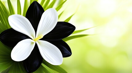 Canvas Print - Black and White Flower with Green Leaves on Light Green Background Artistic Rendering.