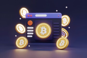 Poster - Bitcoin website with glowing coins, illustrating online cryptocurrency transactions and digital finance.