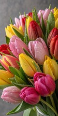 Wall Mural - Dew-Kissed Tulips A Colorful Bouquet, Close-up Photography, Spring Flowers, Macro, Tulips, Springtime Tulips, Spring Flowers