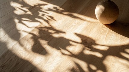 Poster - Warm sunlight casting leaf shadows on wooden wooden parquet, laminate flooring near ceramic vase