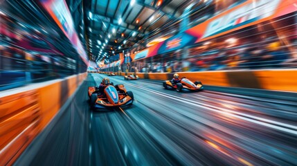 Poster - Go karts race at lightning speed on a colorful indoor track with spectators cheering. The atmosphere is electric with excitement as competitors navigate sharp turns.