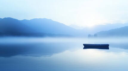 Wall Mural - a serene lake with a small boat surrounded by misty mountains at dawn.