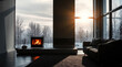 © Perecciv - modern minimalist interior with characteristic cast iron fireplace. Fire is burning inside fireplace. Room has smooth concrete wall and large glass windows overlooking winter landscape.