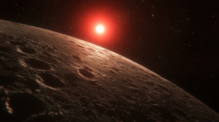 Wall Mural - A stunning view of the moon's surface with the sun rising in the background.