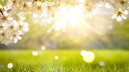 Wall Mural - Blossoming Tree Sunlight Rays Bright Spring Field Nature Scenery Outdoor Sunny Landscape Tranquil.