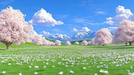 Wall Mural - Blossoming Trees and Flowery Meadow with Distant Mountains on a Clear Blue Sunny Day.