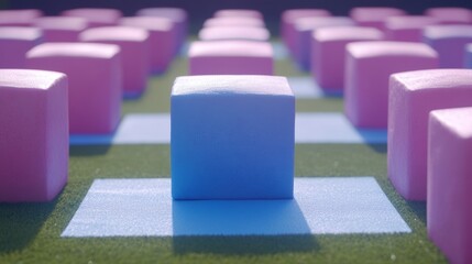 Poster - Blue Cube In Pink Grid Abstract 3d Render Geometric Shapes Arrangement Pattern Concept.