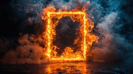 Wall Mural - A fiery rectangular frame surrounded by smoke in a dark setting