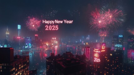Wall Mural - A city skyline with fireworks and a sign that says Happy New Year 2015