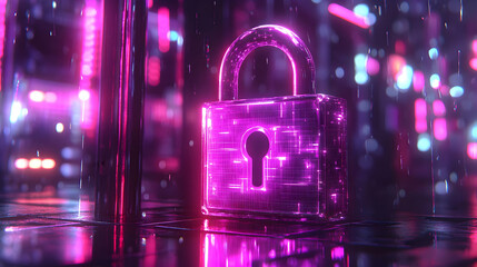 Poster - Futuristic padlock in neon city;  digital security concept;  use for technology articles, presentations, posters; or digital security-related illustrations