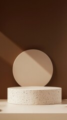 Aufkleber - Sleek beige podiums are displayed prominently against a rich brown wall, offering an artistic backdrop for showcasing products in an elegant and modern manner