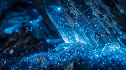 Poster - Blue crystals reflect ambient light, creating a sparkling display amidst dark rocky surroundings, showcasing the beauty of underground geological formations.