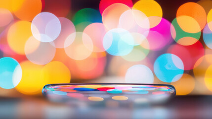 Poster - Bright, colorful bokeh lights create vibrant background for glass dish, enhancing visual appeal and depth of image