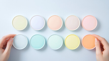 Poster - Soft pastel color palette with circular containers held by hands, showcasing community support and creativity