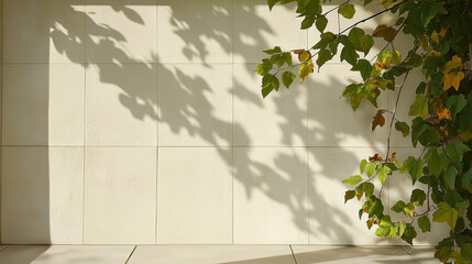 Poster - serene wall with soft shadows and green leaves, symbolizing tranquility and nature beauty