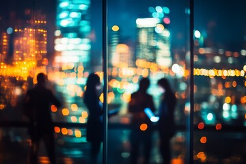 Poster - Professionals Collaborating in City Office at Night with Bokeh Lights