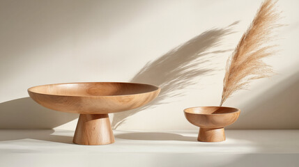 Fototapete - minimalist wooden bowls with natural finish, showcasing elegant design and shadows. perfect for home