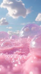 Poster - Glossy, transparent spheres rest on a soft pink ground, illuminated by gentle lighting. A serene atmosphere emerges amidst a clear blue sky dotted with clouds, inviting tranquility