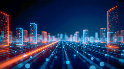 Poster - Futuristic Digital Cityscape with Neon Lights, Data Streams, and Abstract Technology Visuals Representing Connectivity and Innovation in Urban Landscapes