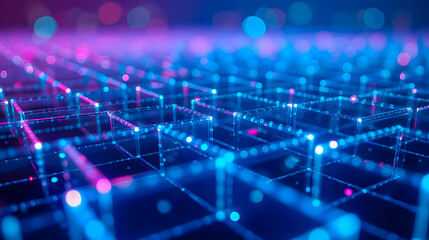 Poster - Abstract digital landscape with glowing cubes and illuminated grid pattern in vibrant pink and blue hues representing virtual reality and technological innovation