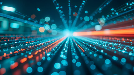 Poster - Abstract futuristic background showcasing vibrant blue and red light trails with bokeh effects creating a sense of depth and dynamic motion in a digital space
