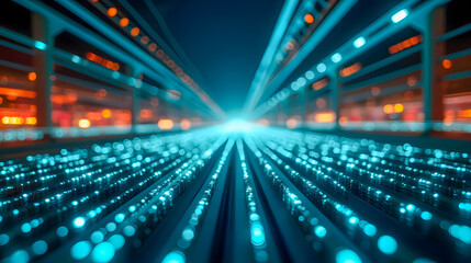 Poster - Abstract futuristic technology background with glowing blue dots and vibrant lights flowing in motion toward a bright center in a dark environment