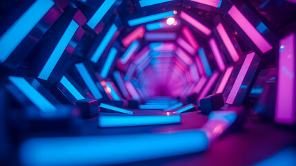 Poster - Futuristic abstract tunnel illuminated by vibrant neon lights in shades of blue and pink, creating a dynamic visual experience and enticing atmosphere