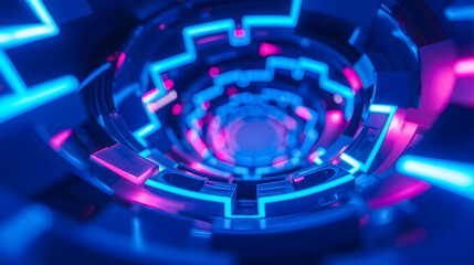Poster - Abstract futuristic tunnel with glowing neon lights in blue and pink shades create a captivating visual journey into technology and digital design