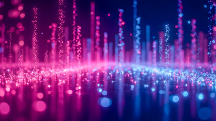Poster - Vibrant Colorful Light Particles Creating Dynamic Patterns in Abstract Digital Landscape with Blue and Pink Hues Reflecting on Smooth Surface