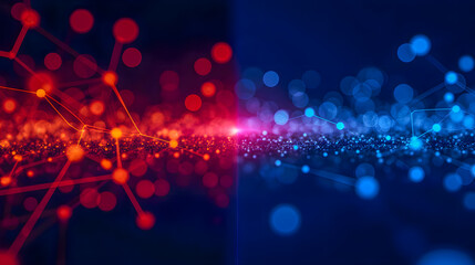 Poster - Abstract digital background featuring glowing particles and connected lines in vibrant red and blue hues representing technology and innovation