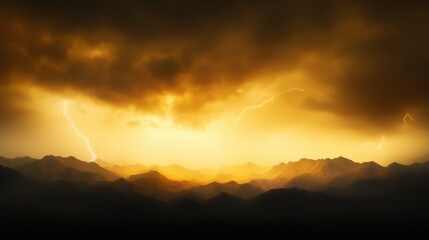 Wall Mural - a stunning view of mountains under a stormy sky with lightning and a golden sunset.